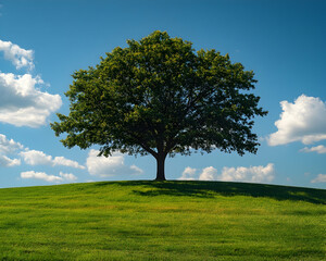 Obraz premium Solitary tree with a lush, green canopy on a vibrant grassy hill under a bright blue sky