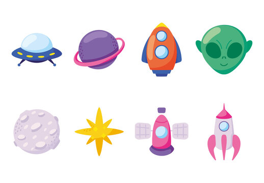 Multicolor Cartoon Alien Spaceship Galaxy Rocket Icons Set