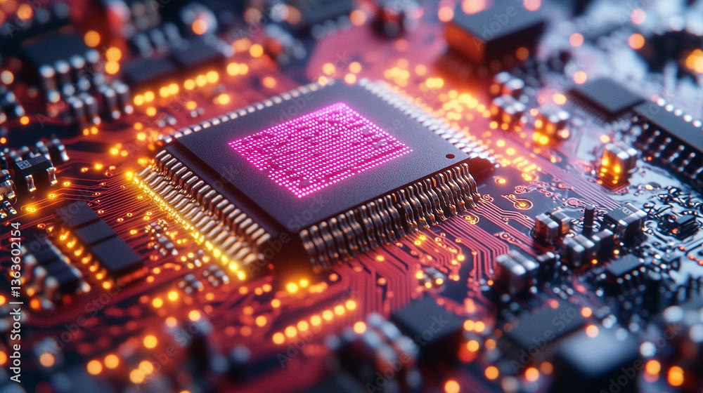 Poster microchip at the center, encircled by dynamic, glowing data streams, symbolizing technological progr