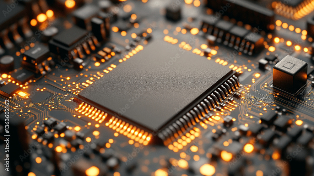 Poster microchip at the center, encircled by dynamic, glowing data streams, symbolizing technological progr