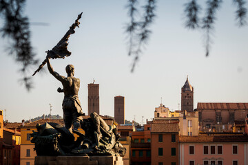 Bologna, Italy. The Two Towers garisenda and Asinelli at the beginning of Via Rizzoli view from the...