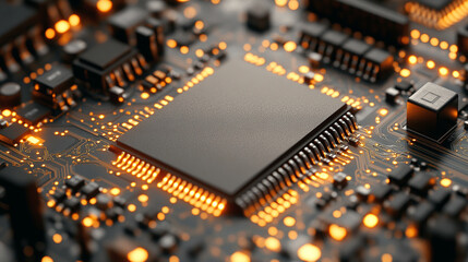 microchip at the center, encircled by dynamic, glowing data streams, symbolizing technological progress and innovation in modern computing and digital transformation