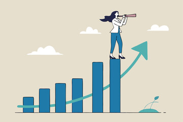 Business growth, success leadership looking for new vision, career opportunity, female leader challenge, job achievement concept, success businesswoman on growth chart looking through telescope.