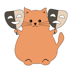 Nice cute fat funny cat with theatre mask on white background isolated vector illustration
