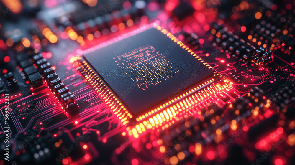 Poster microchip at the center, encircled by dynamic, glowing data streams, symbolizing technological progr