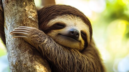 Fototapeta premium Adorable brown sloth sleeping peacefully on a tree branch, nestled in lush green foliage with a serene expression