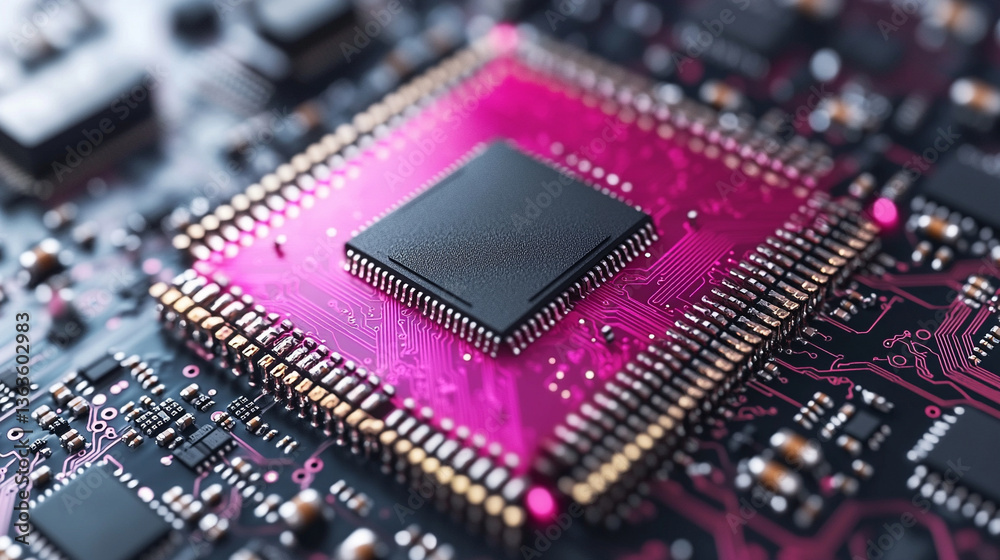 Poster microchip at the center, encircled by dynamic, glowing data streams, symbolizing technological progr