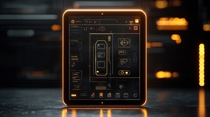 Obraz premium Minimalist digital tablet displaying a glowing design blueprint UXUI sketches and a futuristic creativity workflow ultra realistic 4K
