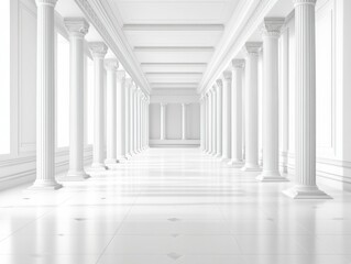 Fototapeta premium White Corridor with Symmetrical Pillars – Bright and Modern Architectural Background