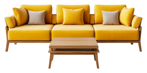 Modern yellow sofa design living room furniture interior stylish isolated on transparent background