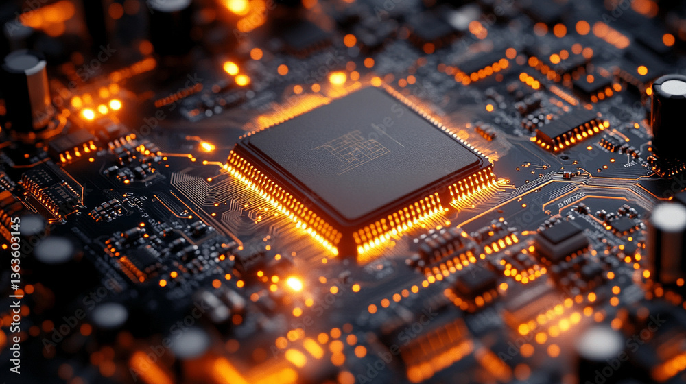 Poster microchip at the center, encircled by dynamic, glowing data streams, symbolizing technological progr