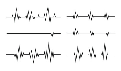 Naklejka premium Heartbeat line. Pulse cardiogram Icons of heart beat. Ecg Electrocardiogram with healthy rhythm, cardio attack, ischemia, infarction. Symbol for cardiac