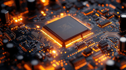 microchip at the center, encircled by dynamic, glowing data streams, symbolizing technological progress and innovation in modern computing and digital transformation