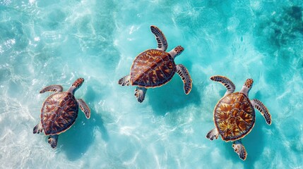 Three sea turtles swimming in turquoise water.