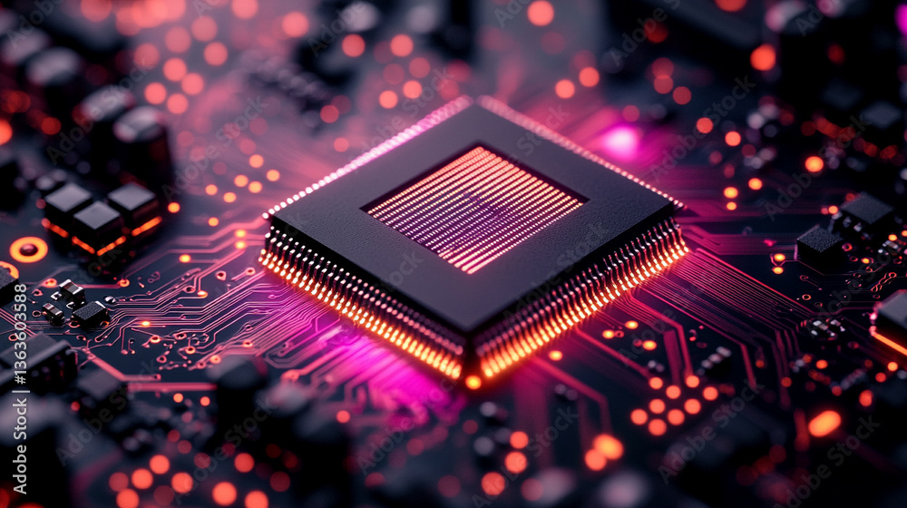 Poster microchip at the center, encircled by dynamic, glowing data streams, symbolizing technological progr