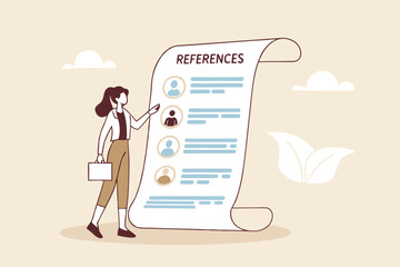 Professional references resume, people who recommend, working experience or recommendation for candidate, skill guarantee concept, business woman with reference people and work experience document.
