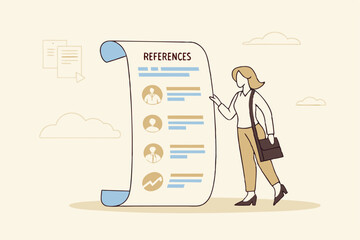 Professional references resume, people who recommend, working experience or recommendation for candidate, skill guarantee concept, business woman with reference people and work experience document.