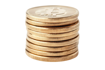 Stack of gold bitcoin coins representing cryptocurrency wealth and digital finance, cut out