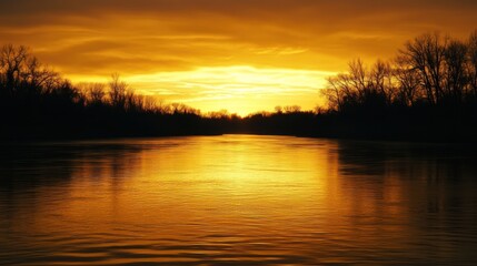 Serene river scene at dusk reflecting the warm colors of the setting sun