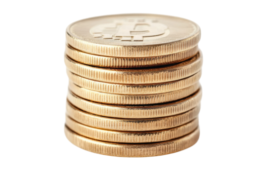 Stack of gold bitcoin coins representing cryptocurrency wealth and digital finance, cut out