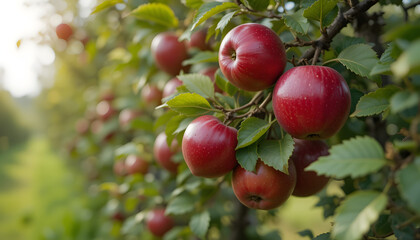 Lifestyle photo of ripe red apples on tree in orchard ready to be harvested , Apples, Tree, Orchard, Harvest, Ripe, Fruits