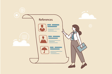 Professional references resume, people who recommend, working experience or recommendation for candidate, skill guarantee concept, business woman with reference people and work experience document.