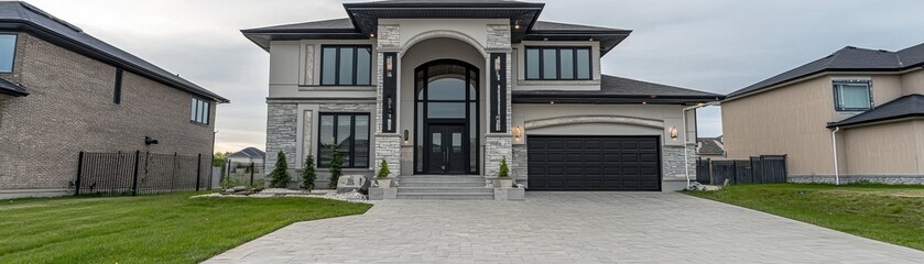 Luxury two-story home with green lawn, suburban area, real estate promotion