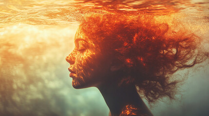 poetic fusion of a human silhouette and nature in an underwater scene, symbolizing the connection between the mind, nature, and the subconscious