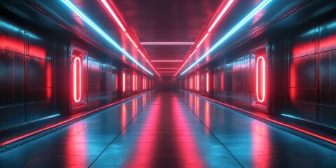 Neon light corridor with glowing lines and reflective surfaces