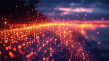 Obraz premium Glowing particles flow across a dark landscape at sunset.