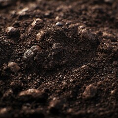 Close-up of rich, dark soil with intricate textures, tiny roots, and organic patterns, raw nature