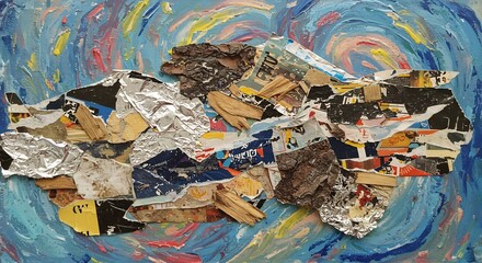 Whimsical collage art vibrant swirling background. AI Generated