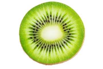 Close-up of juicy fresh kiwi slice with vibrant green texture and black seeds, cut out