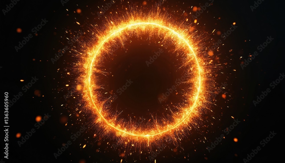 Poster abstract image sparking fire circle, flames on black background. fiery ring illustration. design ele