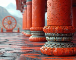 Vibrant red columns with intricate designs in a serene temple setting