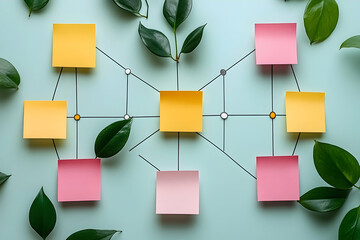 Sticky notes on a network diagram with leafy branches against pastel blue background