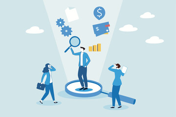 Corporate transparency, integrity or trust, business management with responsibility, financial transparent, legal or agreement for ethic report concept, businessman on magnifying glass transparency.