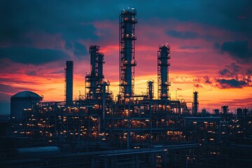 Fototapeta premium A refinery glows at night with beautiful orange sunset sky in the background. Use it to visualize energy, manufacturing, or even environmental topics.