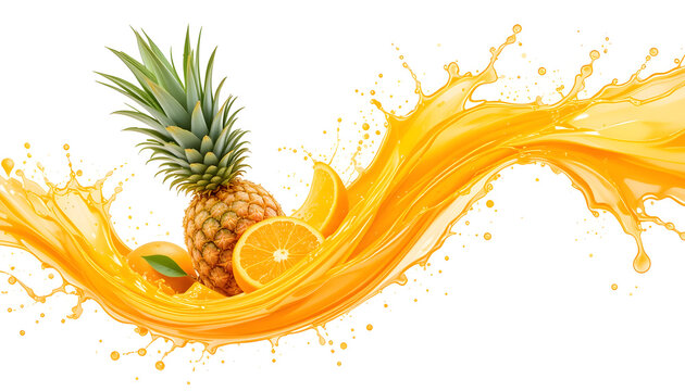 Orange, pineapple, mango fruit juices liquid 3D splash mix. Healthy fruits juice or smoothie splash label ad banner design with orange, pineapple, mango fruits and juice splash wave isolated on white