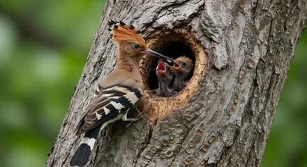 Hoopoe mother bird carefully feeding her chicks inside a natural tree hollow