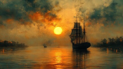 Obraz premium Sunset over calm water with sailing ships.
