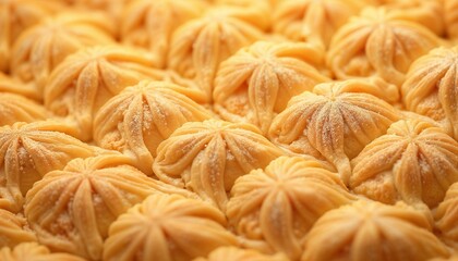 Decorative yellow pastries arranged in neat rows, sweet treats, appetizing background, copy space