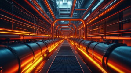 Fototapeta premium Abstract image of a tunnel filled with industrial pipes and metal grates. Great for conveying industrial concepts and the technological infrastructure.