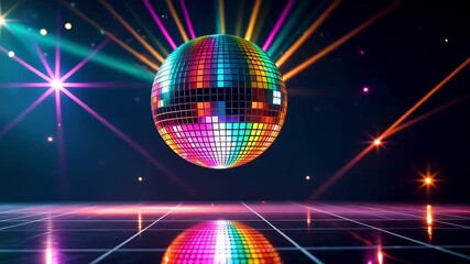 Colorful disco ball with bright lights and reflections in retro dance floor scene
