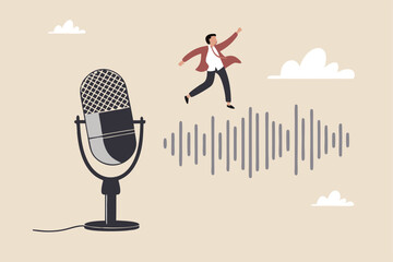 Podcast listening, microphone broadcasting with knowledge learning, personal development or voice communication to success concept, businessman walking on sound wave from podcasting microphone.