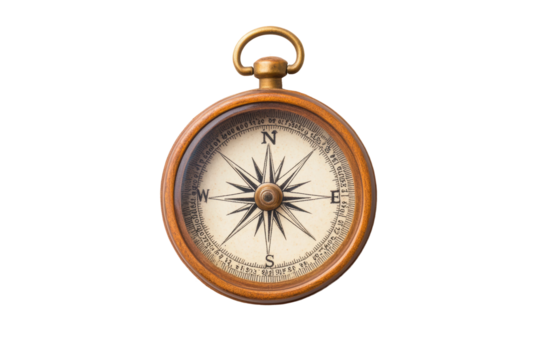 Vintage brass compass with nautical design and cardinal directions, cut out