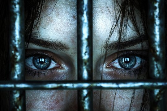 A woman's intense gaze through prison bars, conveying a sense of captivity, longing for freedom, and resilience in the face of adversity, a powerful emotional portrait.