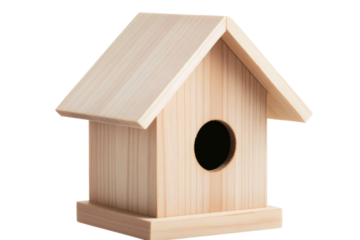 Simple wooden birdhouse with sloped roof and circular entrance, cut out