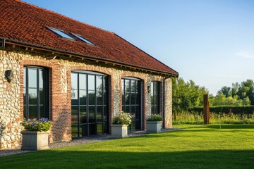 Fototapeta premium Beautiful countryside house with large windows, vibrant greenery, and a clear blue sky at sunset, located in a serene rural area