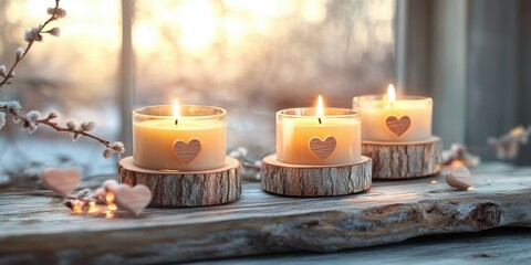 Warm candlelight filling a cozy room during a serene sunset creates a peaceful ambiance with heart-shaped accents